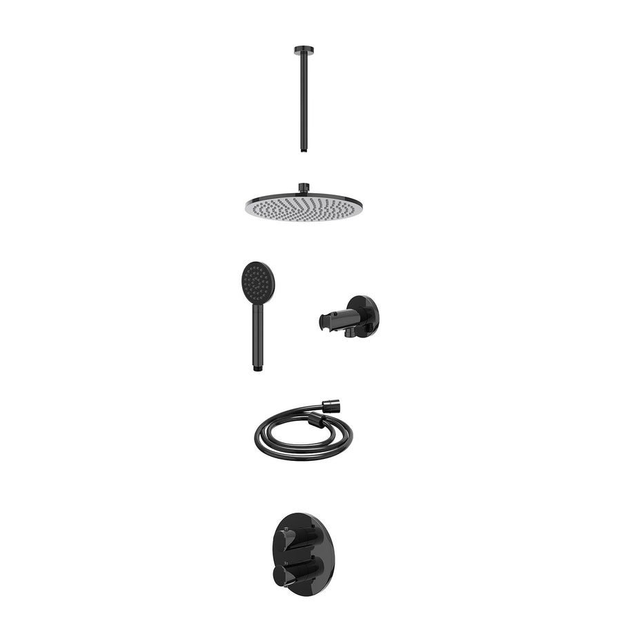 IVY Excl. inbouwbox regendoucheset inbouwthermostaatkraan met 2-weg stop-omstel, plafondbuis 30cm, R25cmME, houder met uitlaat, doucheslang 150cm en satin spray handdouche – Zwart 