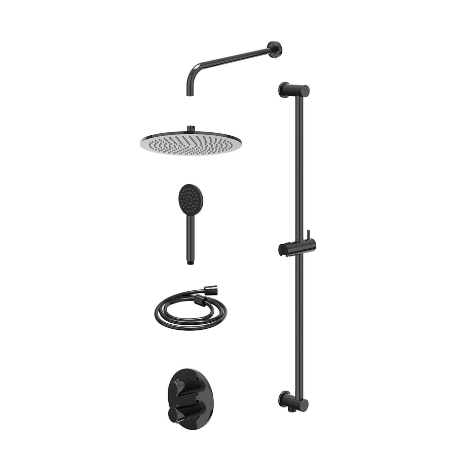IVY Excl. inbouwbox regendoucheset inbouwthermostaatkraan met 2-weg stop-omstel, wandarm, R30cmME, glijstang met uitlaat, doucheslang 150cm en satin spray handdouche – Zwart chroom