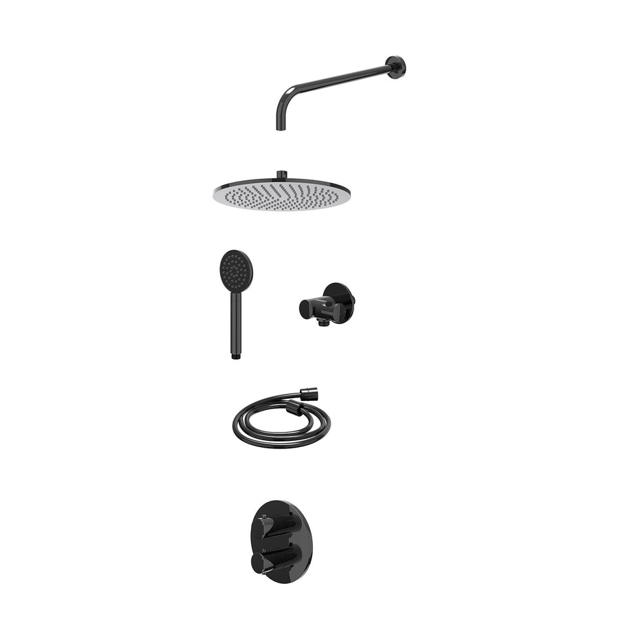 IVY Excl. inbouwbox regendoucheset inbouwthermostaatkraan met 2-weg stop-omstel, wandarm, R30cmME, verstelbare steun met geïnt. uitlaat, doucheslang 150cm en satin spray handdouche