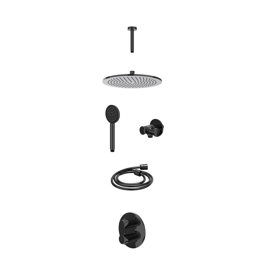 IVY Excl. inbouwbox regendoucheset inbouwthermostaatkraan met 2-weg stop-omstel, plafondbuis 15cm, R30cmME, verstelbare steun met geïnt. uitlaat, doucheslang 150cm en satin spray h