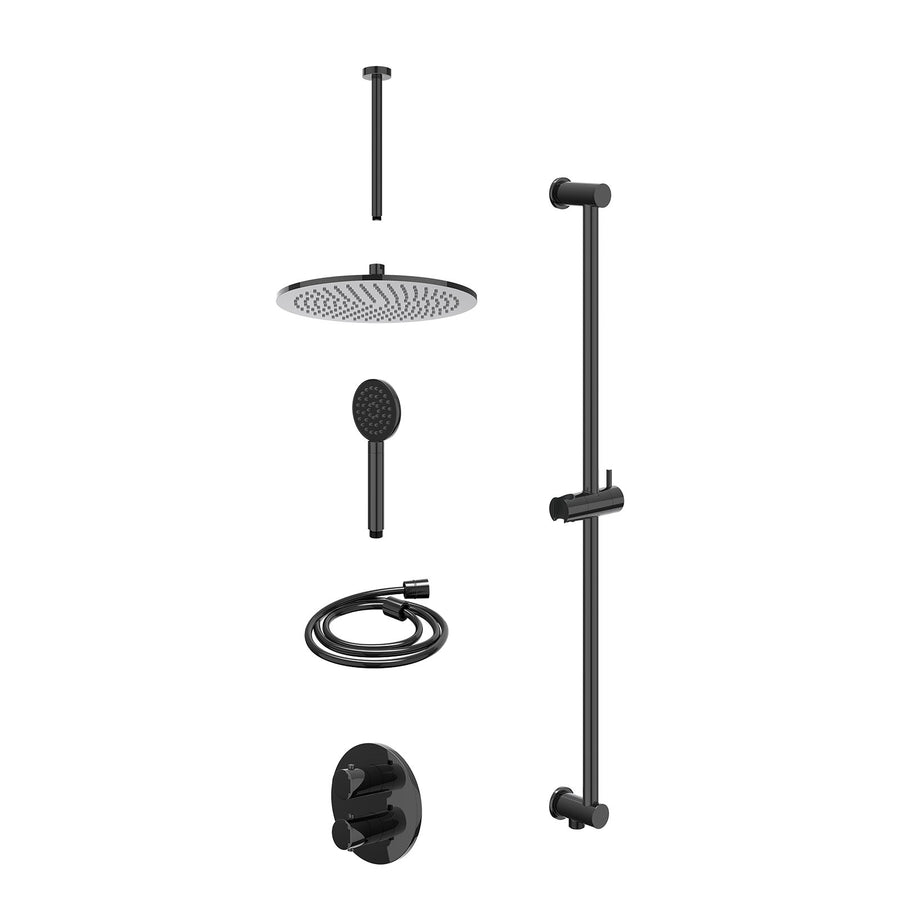 IVY Excl. inbouwbox regendoucheset inbouwthermostaatkraan met 2-weg stop-omstel, plafondbuis 30cm, R30cmME, glijstang met uitlaat, doucheslang 150cm en satin spray handdouche – Zwa