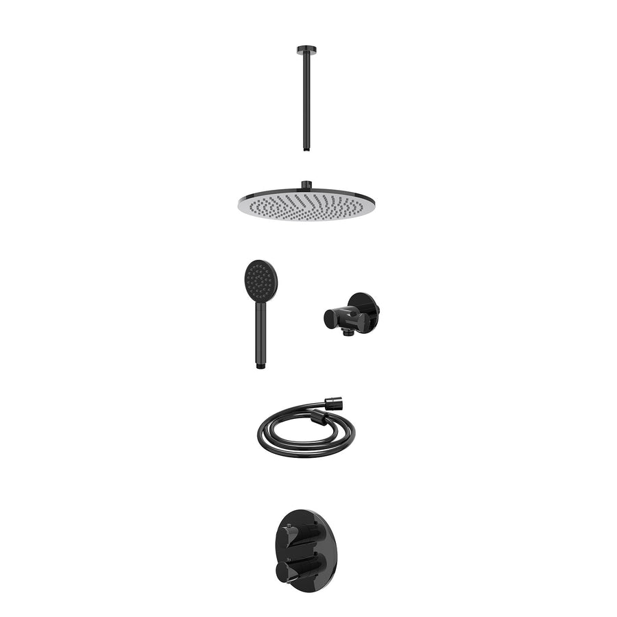 IVY Excl. inbouwbox regendoucheset inbouwthermostaatkraan met 2-weg stop-omstel, plafondbuis 30cm, R30cmME, verstelbare steun met geïnt. uitlaat, doucheslang 150cm en satin spray h