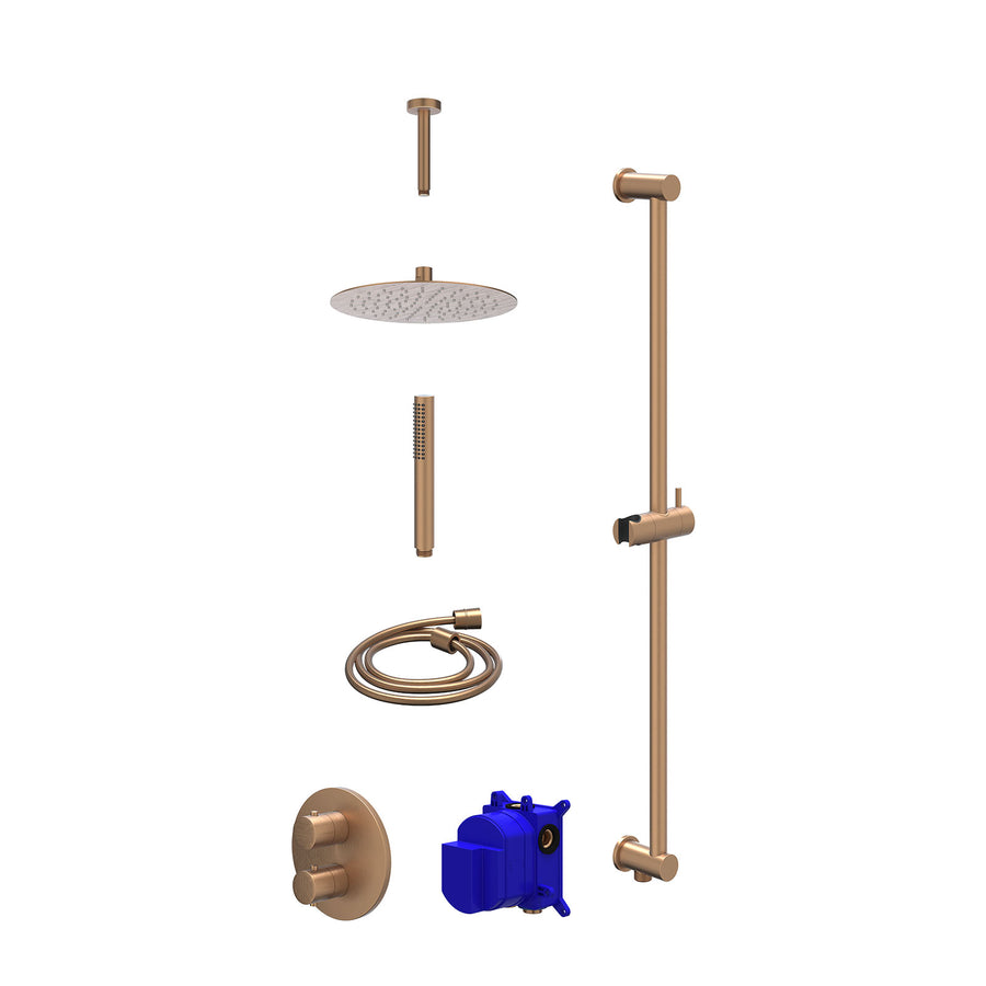 IVY Regendoucheset inbouwthermostaatkraan met 2-weg stop-omstel, plafondbuis 15cm, R25cmSL, glijstang met uitlaat, doucheslang 150cm en staafmodel – Gebr. mat koper PVD
