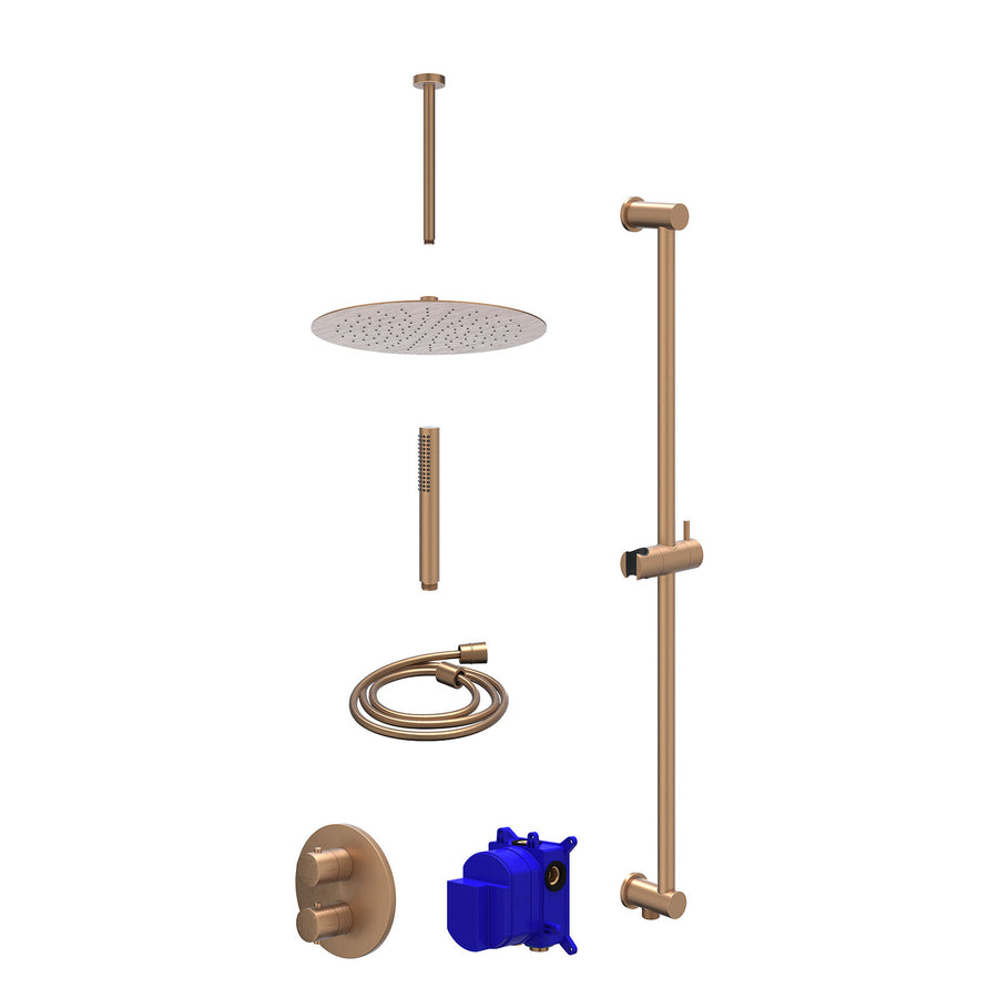 IVY Regendoucheset inbouwthermostaatkraan met 2-weg stop-omstel, plafondbuis 30cm, R30cmSL, glijstang met uitlaat, doucheslang 150cm en staafmodel – Gebr. mat koper PVD