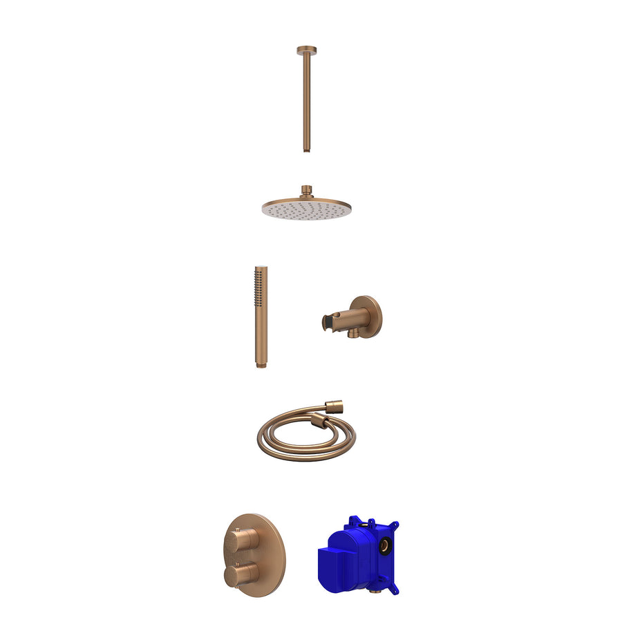 IVY Regendoucheset inbouwthermostaatkraan met 2-weg stop-omstel, plafondbuis 30cm, R20cmME, houder met uitlaat, doucheslang 150cm en staafmodel – Gebr. mat koper PVD