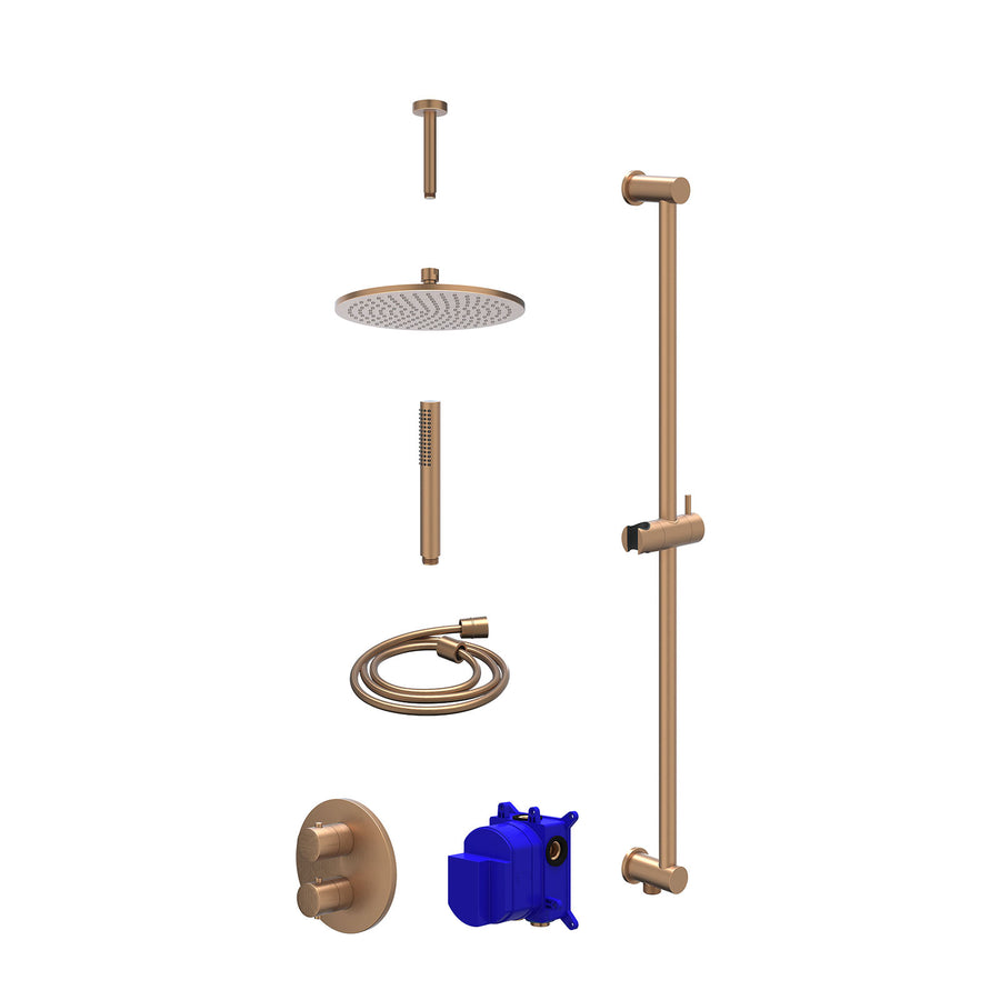 IVY Regendoucheset inbouwthermostaatkraan met 2-weg stop-omstel, plafondbuis 15cm, R25cmME, glijstang met uitlaat, doucheslang 150cm en staafmodel – Gebr. mat koper PVD