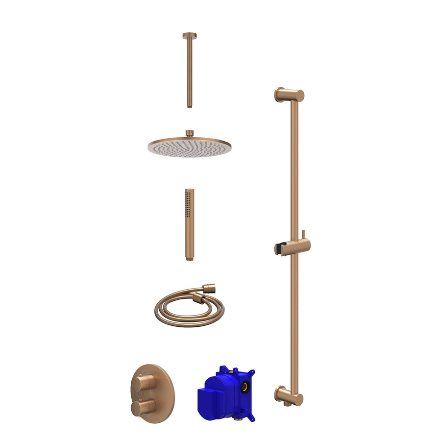 IVY Regendoucheset inbouwthermostaatkraan met 2-weg stop-omstel, plafondbuis 30cm, R25cmME, glijstang met uitlaat, doucheslang 150cm en staafmodel – Gebr. mat koper PVD