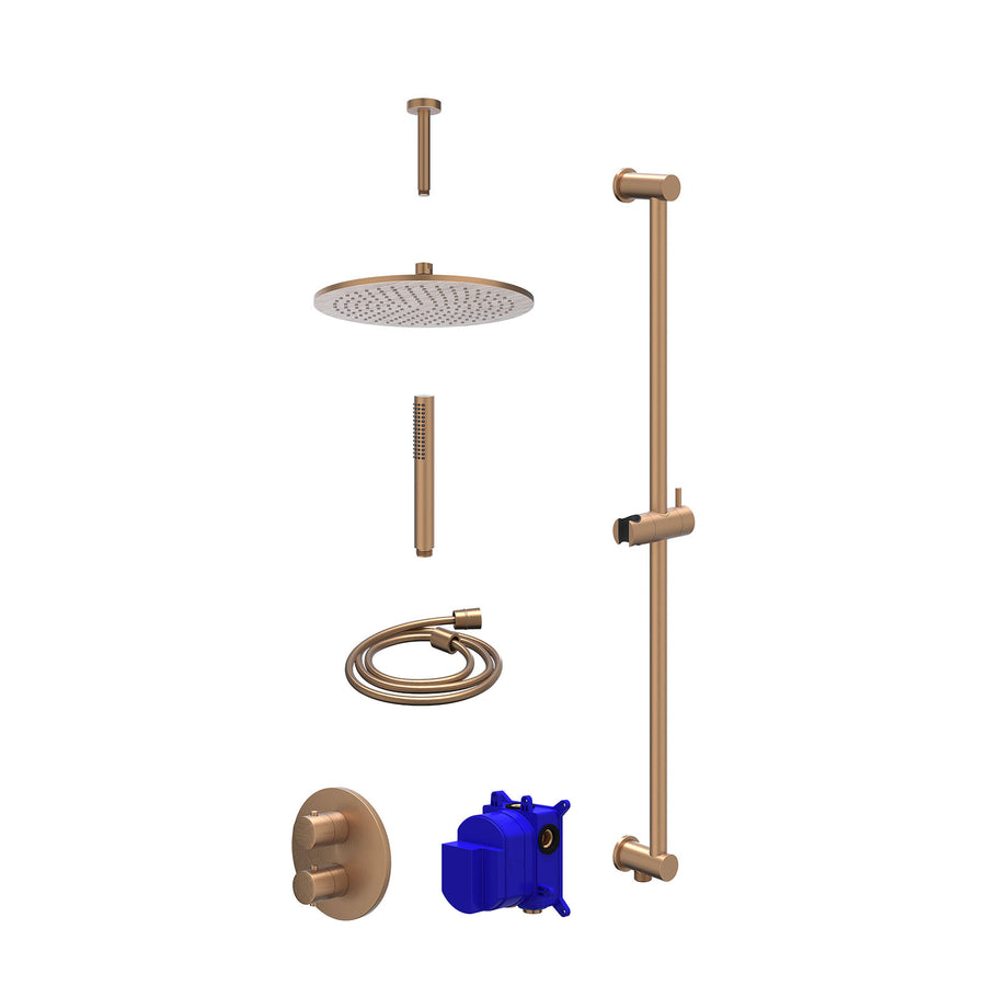 IVY Regendoucheset inbouwthermostaatkraan met 2-weg stop-omstel, plafondbuis 15cm, R30cmME, glijstang met uitlaat, doucheslang 150cm en staafmodel – Gebr. mat koper PVD