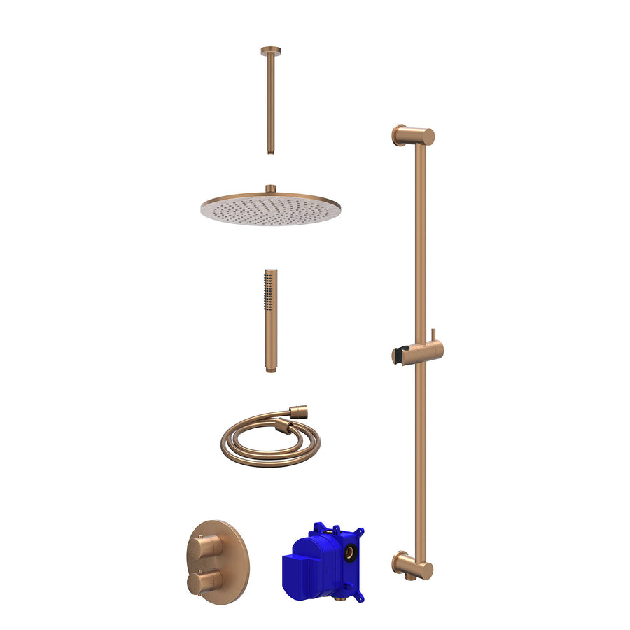 IVY Regendoucheset inbouwthermostaatkraan met 2-weg stop-omstel, plafondbuis 30cm, R30cmME, glijstang met uitlaat, doucheslang 150cm en staafmodel – Gebr. mat koper PVD