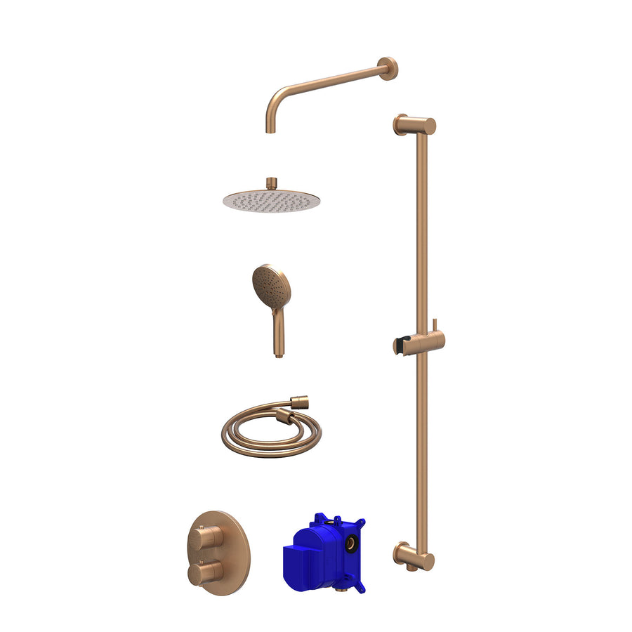 IVY Regendoucheset inbouwthermostaatkraan met 2-weg stop-omstel, wandarm, R20cmSL, glijstang met uitlaat, doucheslang 150cm en 3-standen handdouche – Gebr. mat koper PVD