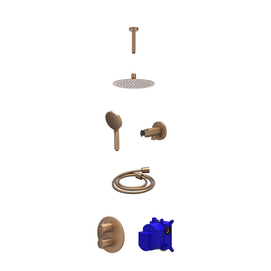 IVY Regendoucheset inbouwthermostaatkraan met 2-weg stop-omstel, plafondbuis 15cm, R20cmSL, houder met uitlaat, doucheslang 150cm en 3-standen handdouche – Gebr. mat koper PVD