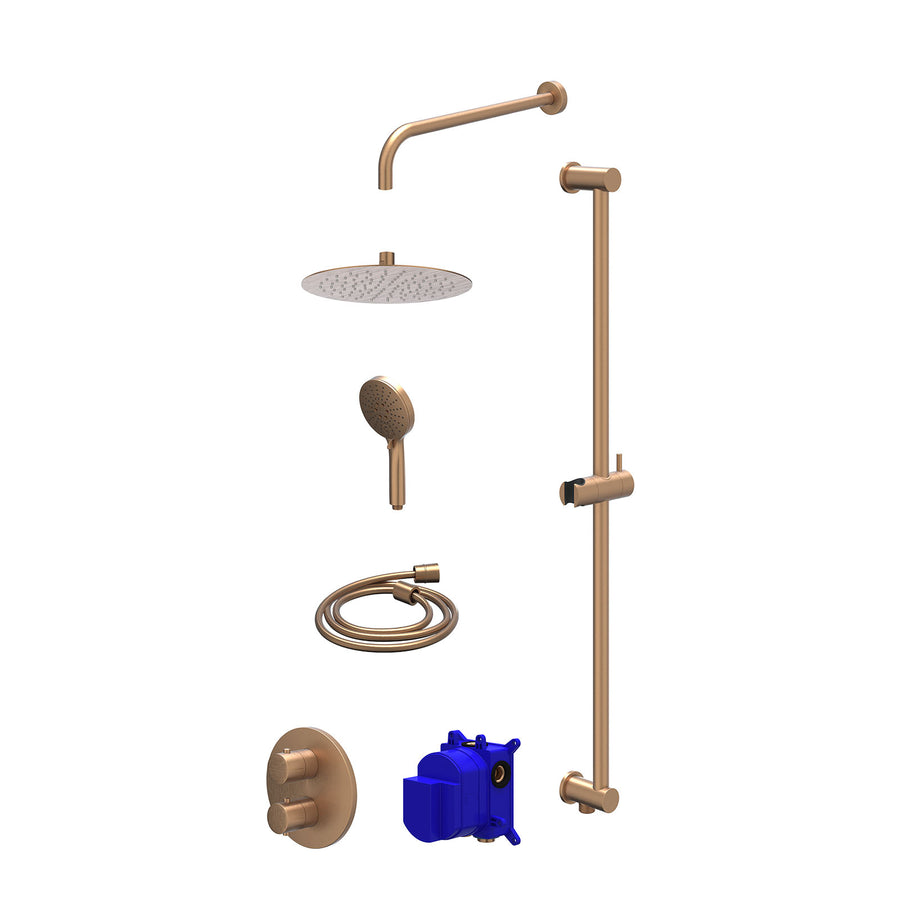 IVY Regendoucheset inbouwthermostaatkraan met 2-weg stop-omstel, wandarm, R25cmSL, glijstang met uitlaat, doucheslang 150cm en 3-standen handdouche – Gebr. mat koper PVD