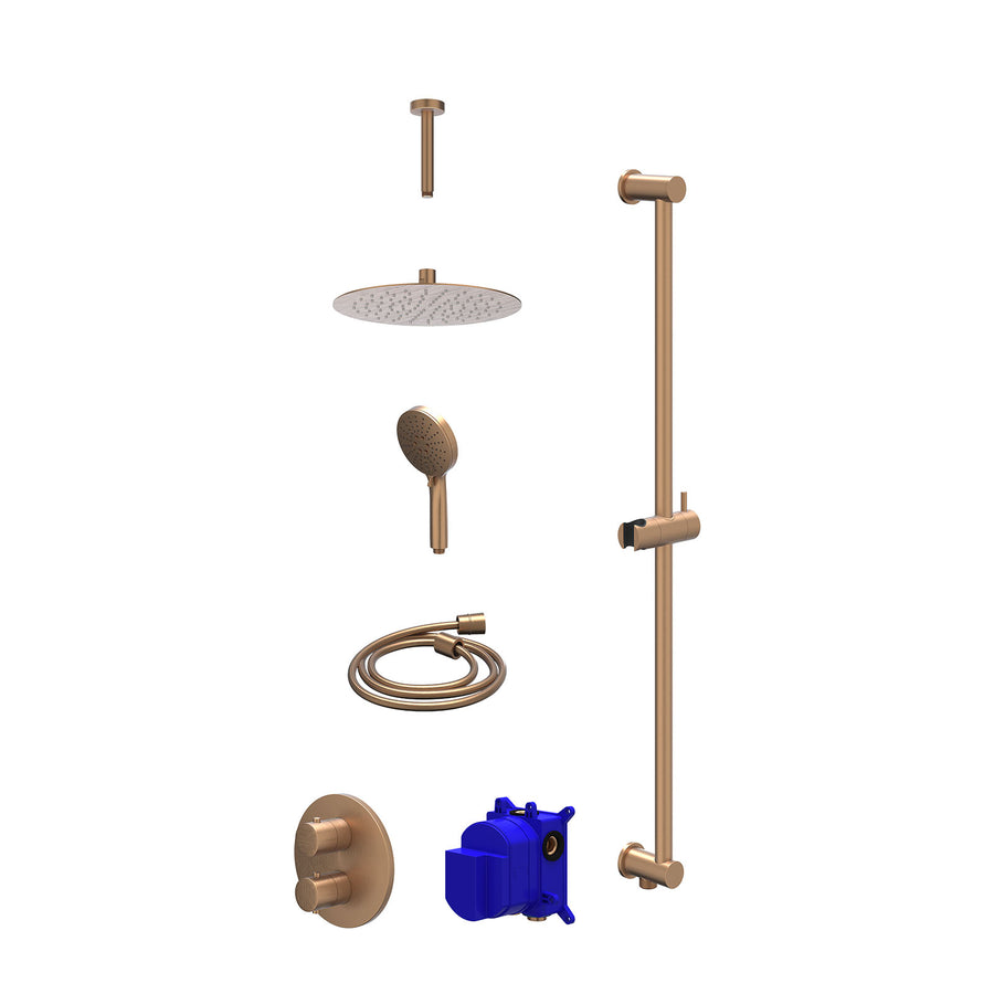 IVY Regendoucheset inbouwthermostaatkraan met 2-weg stop-omstel, plafondbuis 15cm, R25cmSL, glijstang met uitlaat, doucheslang 150cm en 3-standen handdouche – Gebr. mat koper PVD