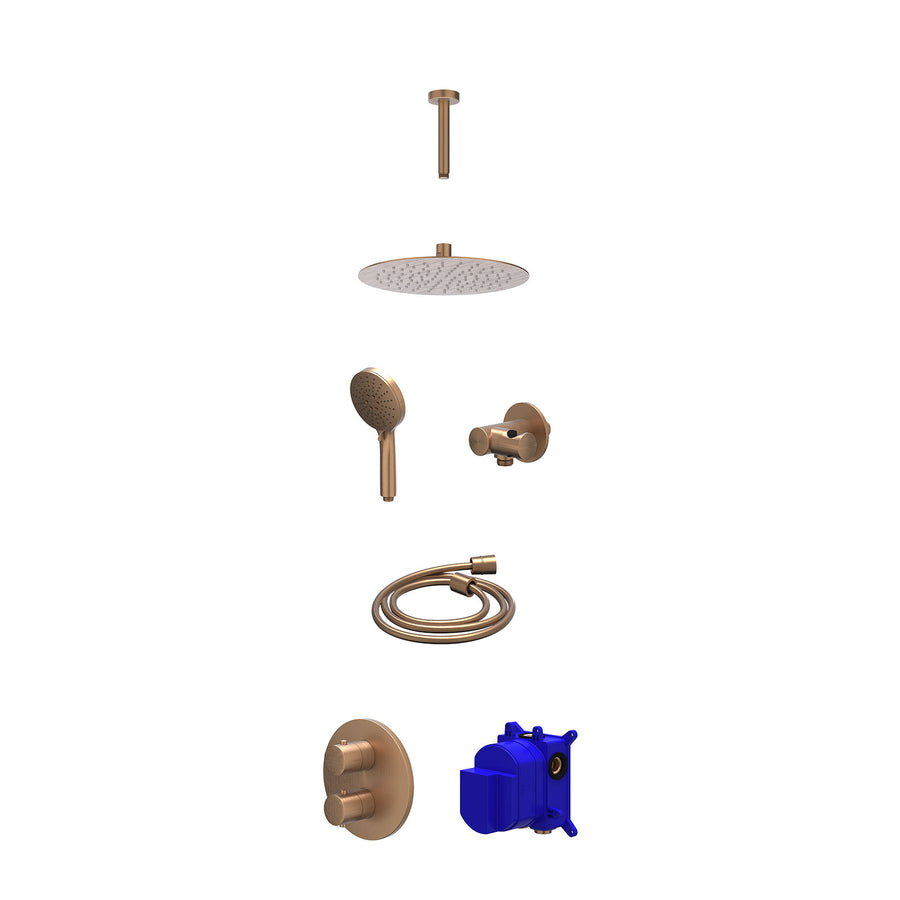 IVY Regendoucheset inbouwthermostaatkraan met 2-weg stop-omstel, plafondbuis 15cm, R25cmSL, verstelbare steun met geïnt. uitlaat, doucheslang 150cm en 3-standen handdouche – Gebr. 
