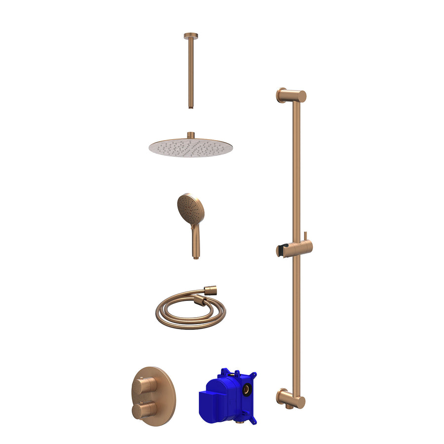 IVY Regendoucheset inbouwthermostaatkraan met 2-weg stop-omstel, plafondbuis 30cm, R25cmSL, glijstang met uitlaat, doucheslang 150cm en 3-standen handdouche – Gebr. mat koper PVD