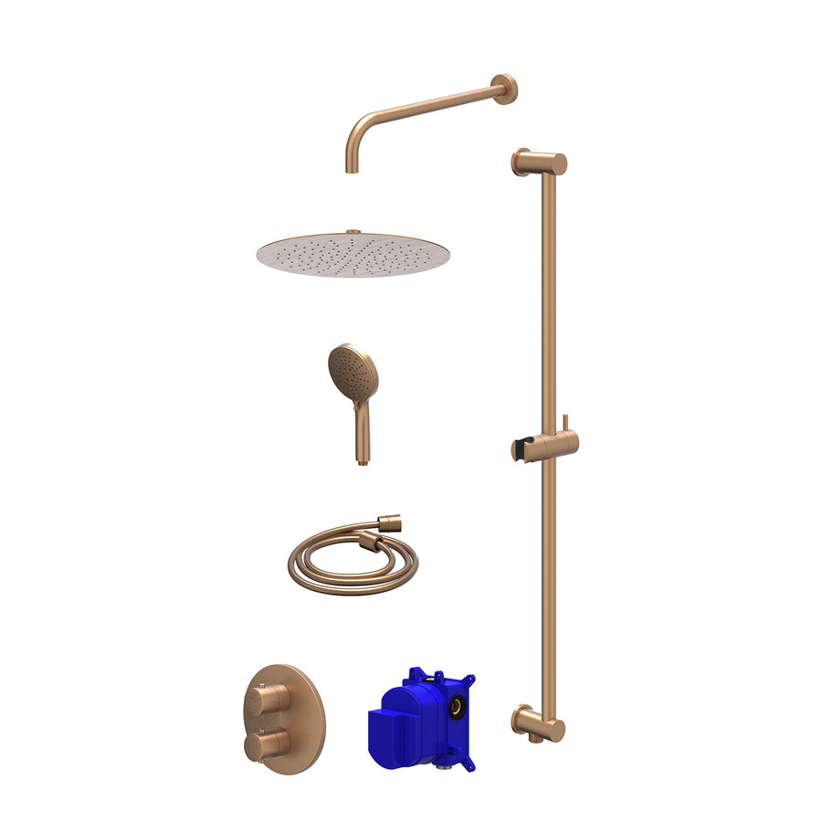 IVY Regendoucheset inbouwthermostaatkraan met 2-weg stop-omstel, wandarm, R30cmSL, glijstang met uitlaat, doucheslang 150cm en 3-standen handdouche – Gebr. mat koper PVD