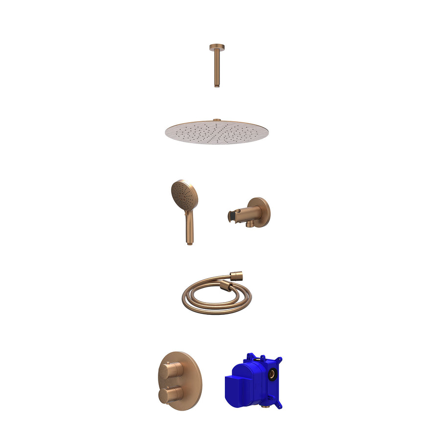 IVY Regendoucheset inbouwthermostaatkraan met 2-weg stop-omstel, plafondbuis 15cm, R30cmSL, houder met uitlaat, doucheslang 150cm en 3-standen handdouche – Gebr. mat koper PVD