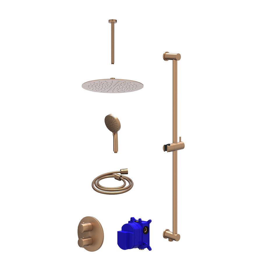 IVY Regendoucheset inbouwthermostaatkraan met 2-weg stop-omstel, plafondbuis 30cm, R30cmSL, glijstang met uitlaat, doucheslang 150cm en 3-standen handdouche – Gebr. mat koper PVD