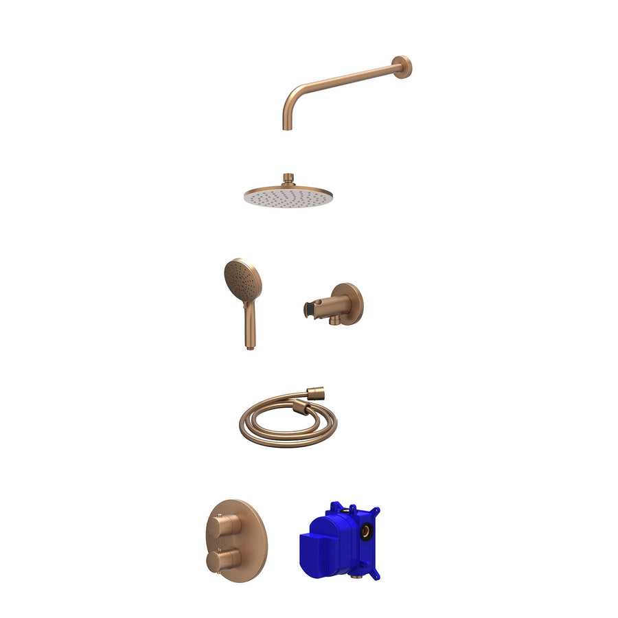 IVY Regendoucheset inbouwthermostaatkraan met 2-weg stop-omstel, wandarm, R20cmME, houder met uitlaat, doucheslang 150cm en 3-standen handdouche – Gebr. mat koper PVD