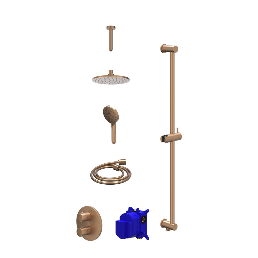 IVY Regendoucheset inbouwthermostaatkraan met 2-weg stop-omstel, plafondbuis 15cm, R20cmME, glijstang met uitlaat, doucheslang 150cm en 3-standen handdouche – Gebr. mat koper PVD
