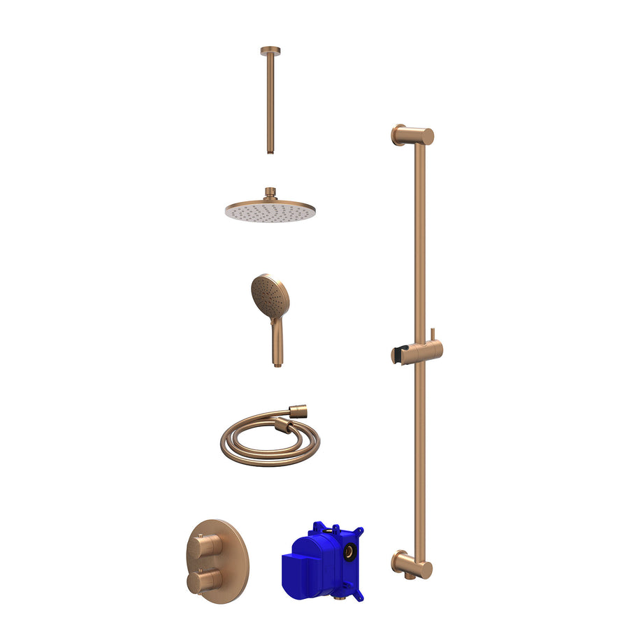 IVY Regendoucheset inbouwthermostaatkraan met 2-weg stop-omstel, plafondbuis 30cm, R20cmME, glijstang met uitlaat, doucheslang 150cm en 3-standen handdouche – Gebr. mat koper PVD