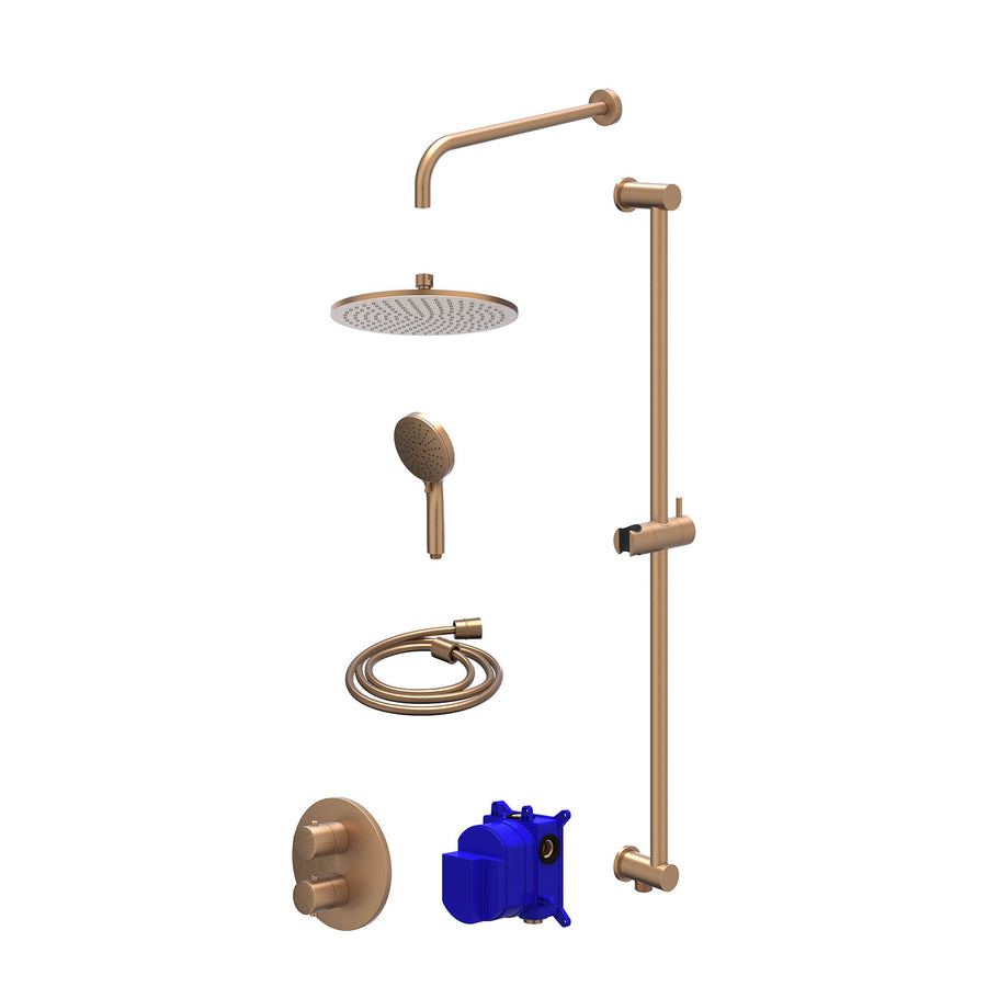 IVY Regendoucheset inbouwthermostaatkraan met 2-weg stop-omstel, wandarm, R25cmME, glijstang met uitlaat, doucheslang 150cm en 3-standen handdouche – Gebr. mat koper PVD