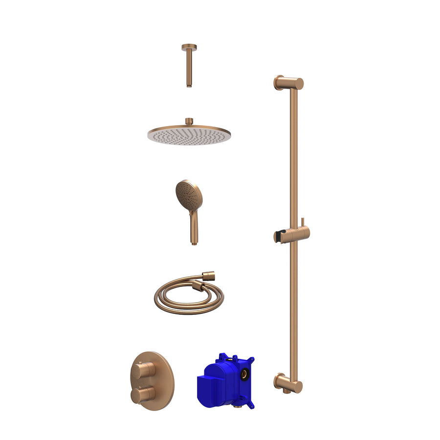 IVY Regendoucheset inbouwthermostaatkraan met 2-weg stop-omstel, plafondbuis 15cm, R25cmME, glijstang met uitlaat, doucheslang 150cm en 3-standen handdouche – Gebr. mat koper PVD