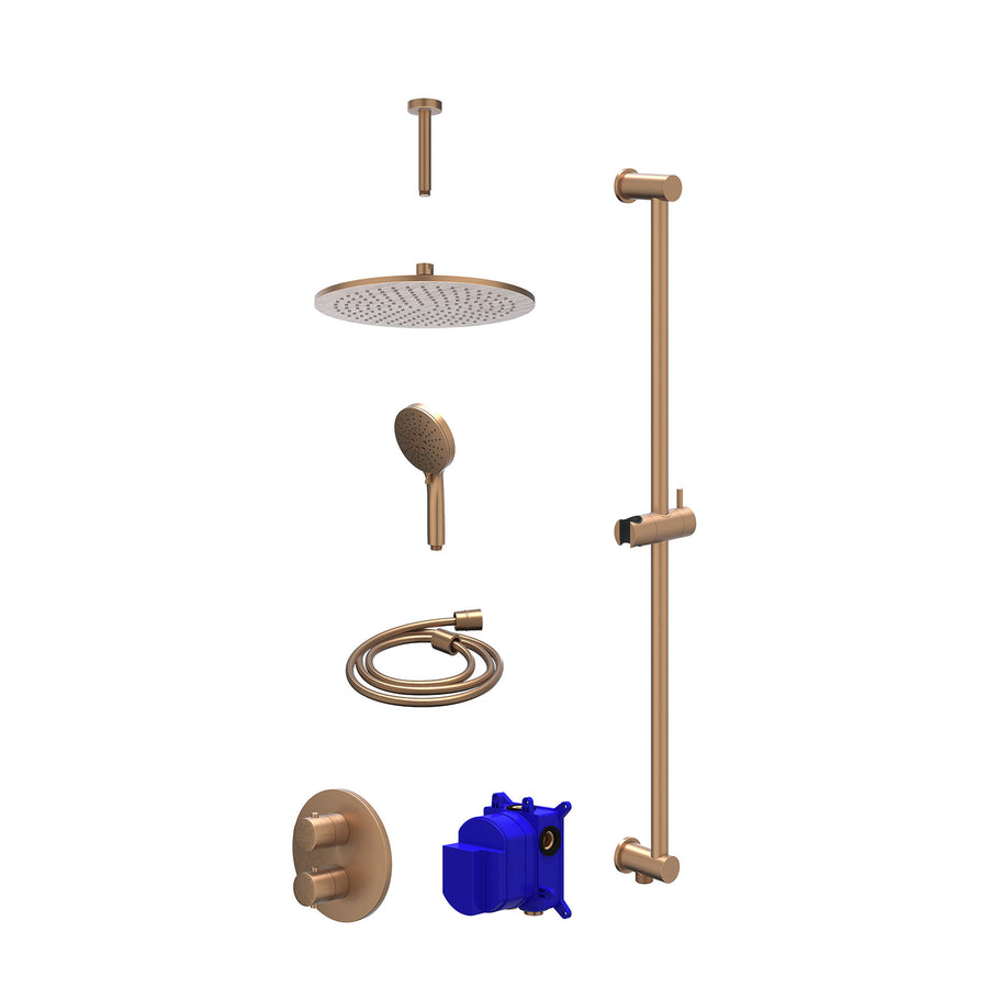 IVY Regendoucheset inbouwthermostaatkraan met 2-weg stop-omstel, plafondbuis 15cm, R30cmME, glijstang met uitlaat, doucheslang 150cm en 3-standen handdouche – Gebr. mat koper PVD
