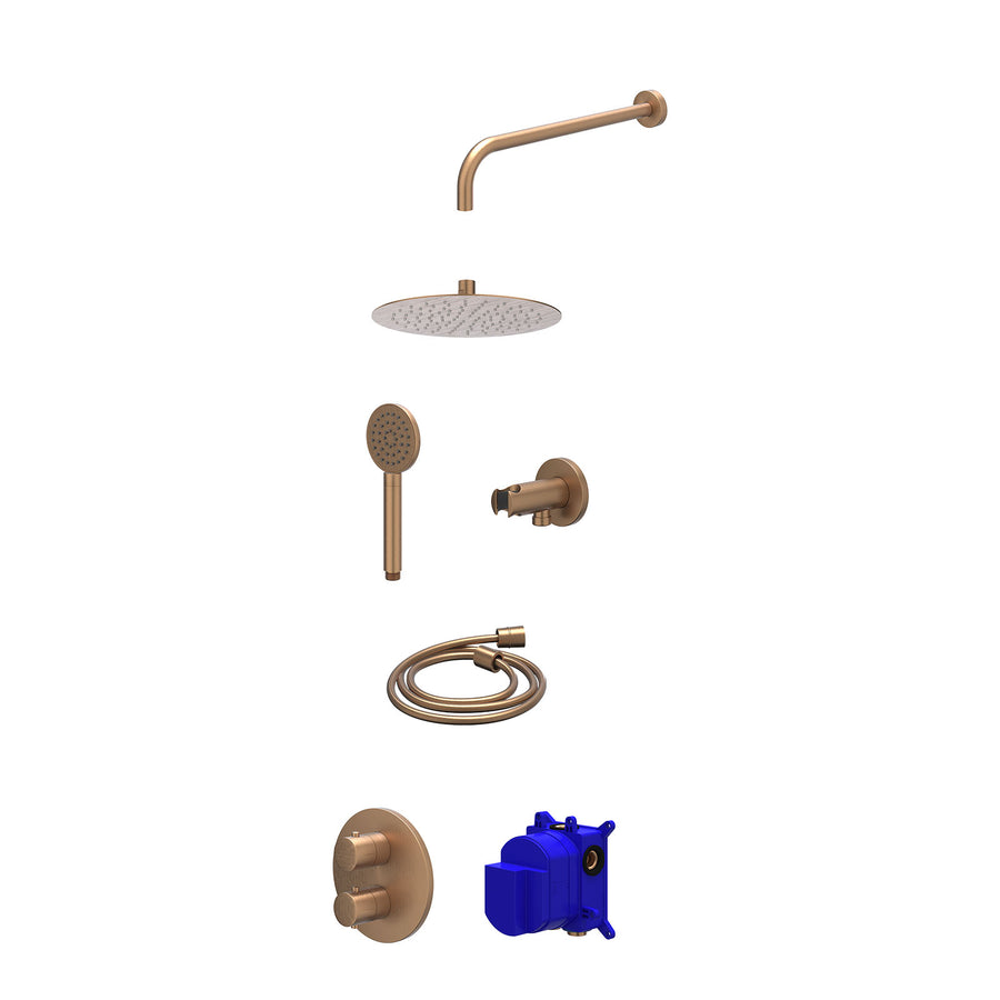 IVY Regendoucheset inbouwthermostaatkraan met 2-weg stop-omstel, wandarm, R25cmSL, houder met uitlaat, doucheslang 150cm en satin spray handdouche – Gebr. mat koper PVD