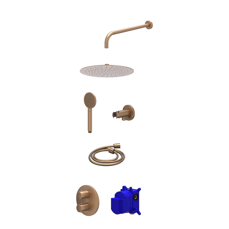 IVY Regendoucheset inbouwthermostaatkraan met 2-weg stop-omstel, wandarm, R30cmSL, houder met uitlaat, doucheslang 150cm en satin spray handdouche – Gebr. mat koper PVD