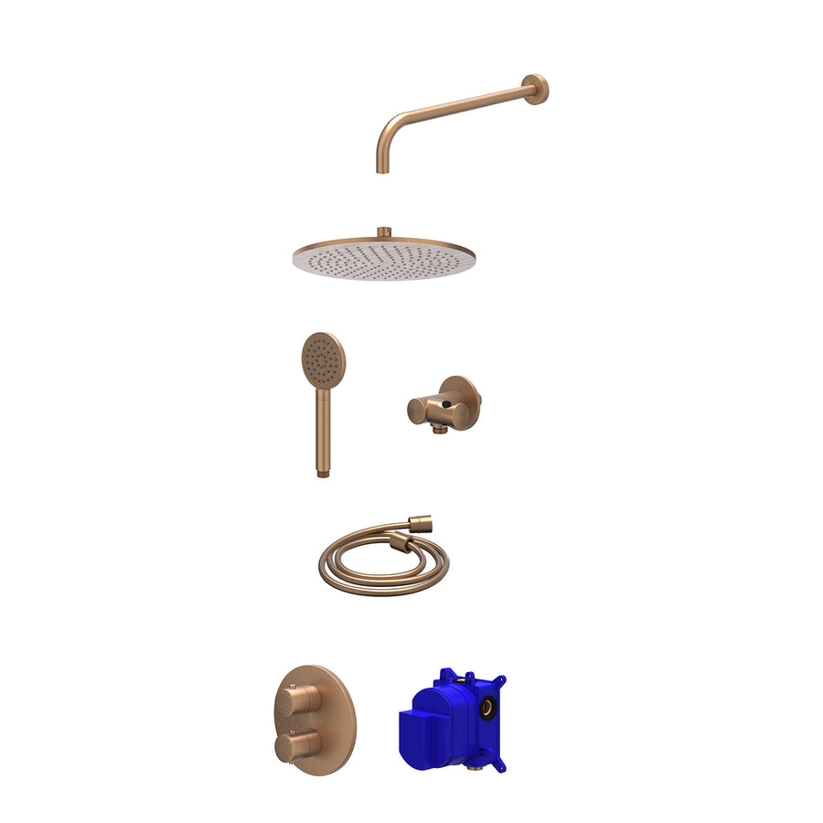 IVY Regendoucheset inbouwthermostaatkraan met 2-weg stop-omstel, wandarm, R30cmME, verstelbare steun met geïnt. uitlaat, doucheslang 150cm en satin spray handdouche – Gebr. mat kop