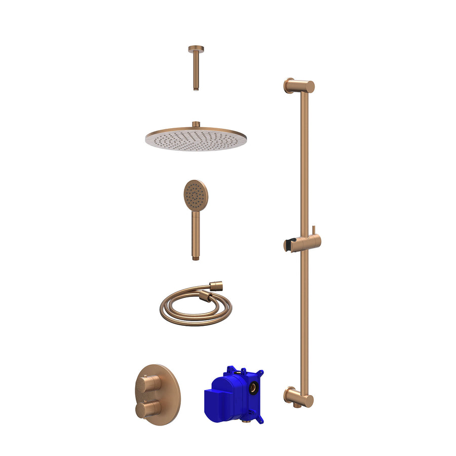 IVY Regendoucheset inbouwthermostaatkraan met 2-weg stop-omstel, plafondbuis 15cm, R30cmME, glijstang met uitlaat, doucheslang 150cm en satin spray handdouche – Gebr. mat koper PVD