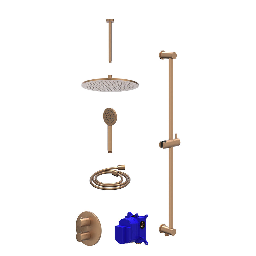 IVY Regendoucheset inbouwthermostaatkraan met 2-weg stop-omstel, plafondbuis 30cm, R30cmME, glijstang met uitlaat, doucheslang 150cm en satin spray handdouche – Gebr. mat koper PVD