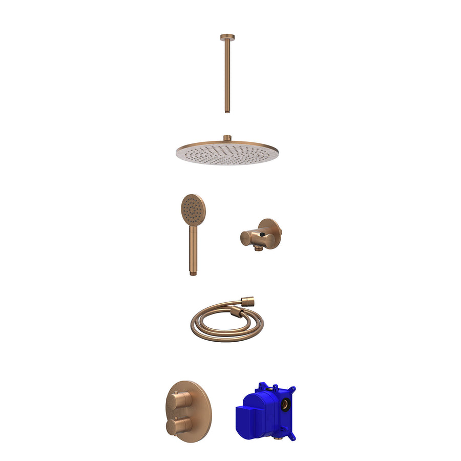 IVY Regendoucheset inbouwthermostaatkraan met 2-weg stop-omstel, plafondbuis 30cm, R30cmME, verstelbare steun met geïnt. uitlaat, doucheslang 150cm en satin spray handdouche – Gebr