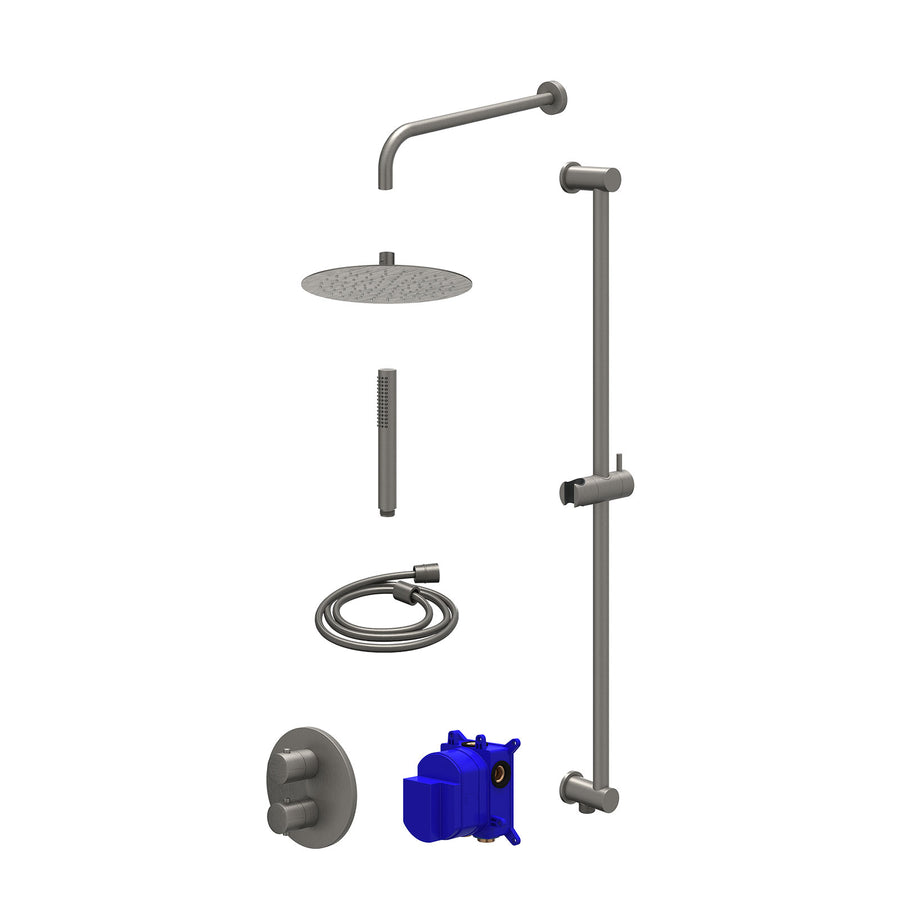 IVY Regendoucheset inbouwthermostaatkraan met 2-weg stop-omstel, wandarm, R25cmSL, glijstang met uitlaat, doucheslang 150cm en staafmodel – Gebr. metal black PVD