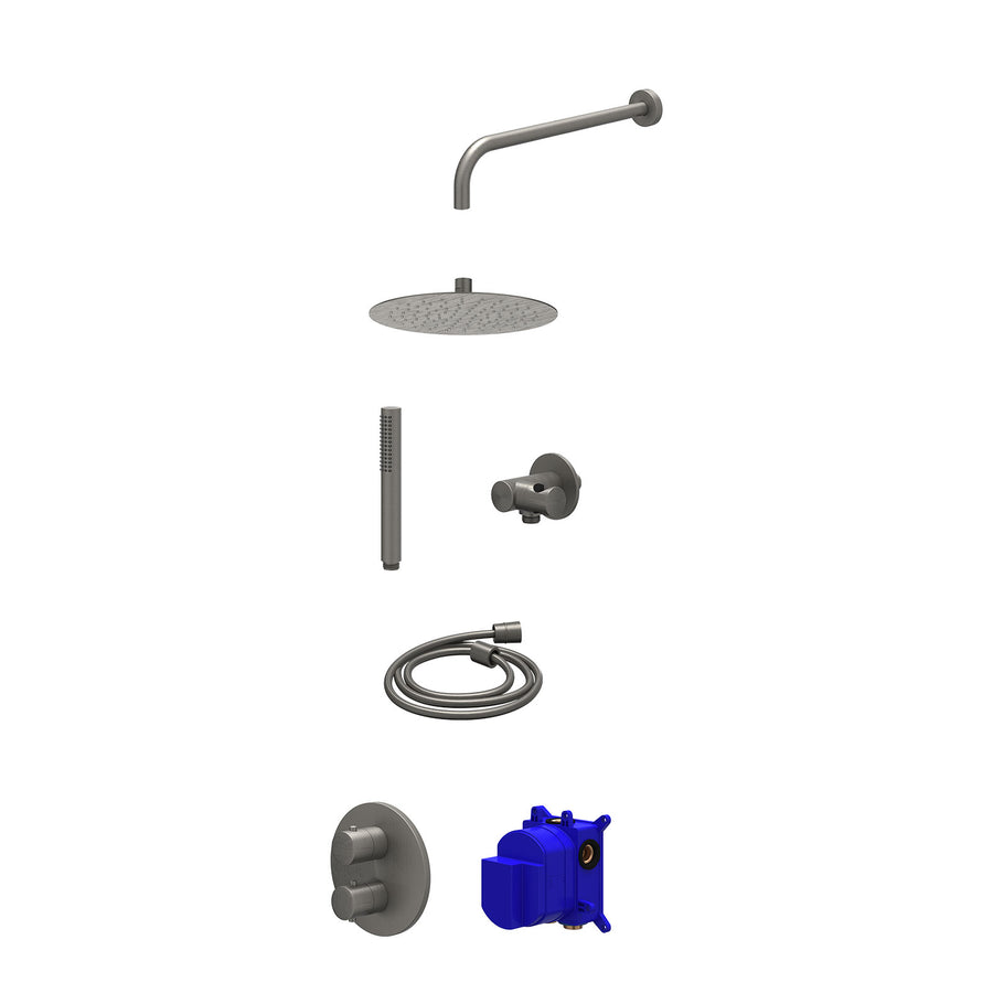 IVY Regendoucheset inbouwthermostaatkraan met 2-weg stop-omstel, wandarm, R25cmSL, verstelbare steun met geïnt. uitlaat, doucheslang 150cm en staafmodel – Gebr. metal black PVD