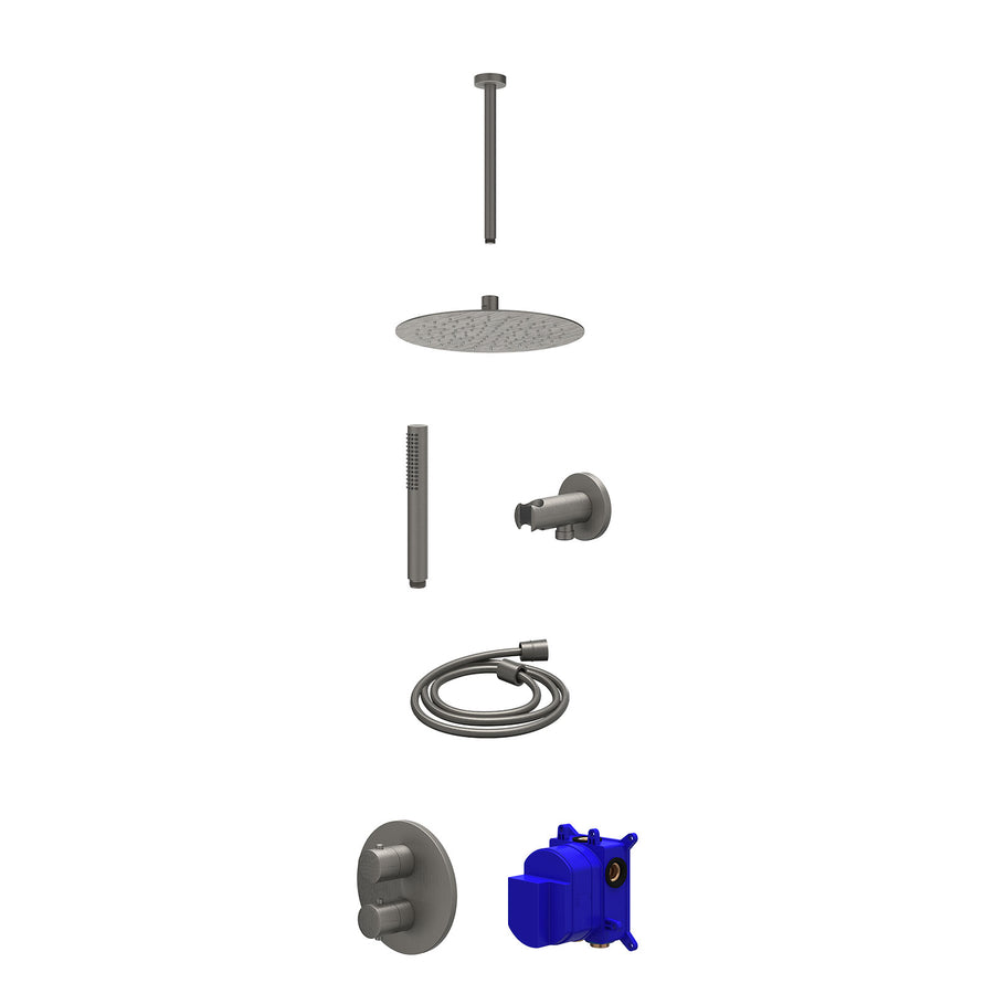 IVY Regendoucheset inbouwthermostaatkraan met 2-weg stop-omstel, plafondbuis 30cm, R25cmSL, houder met uitlaat, doucheslang 150cm en staafmodel – Gebr. metal black PVD