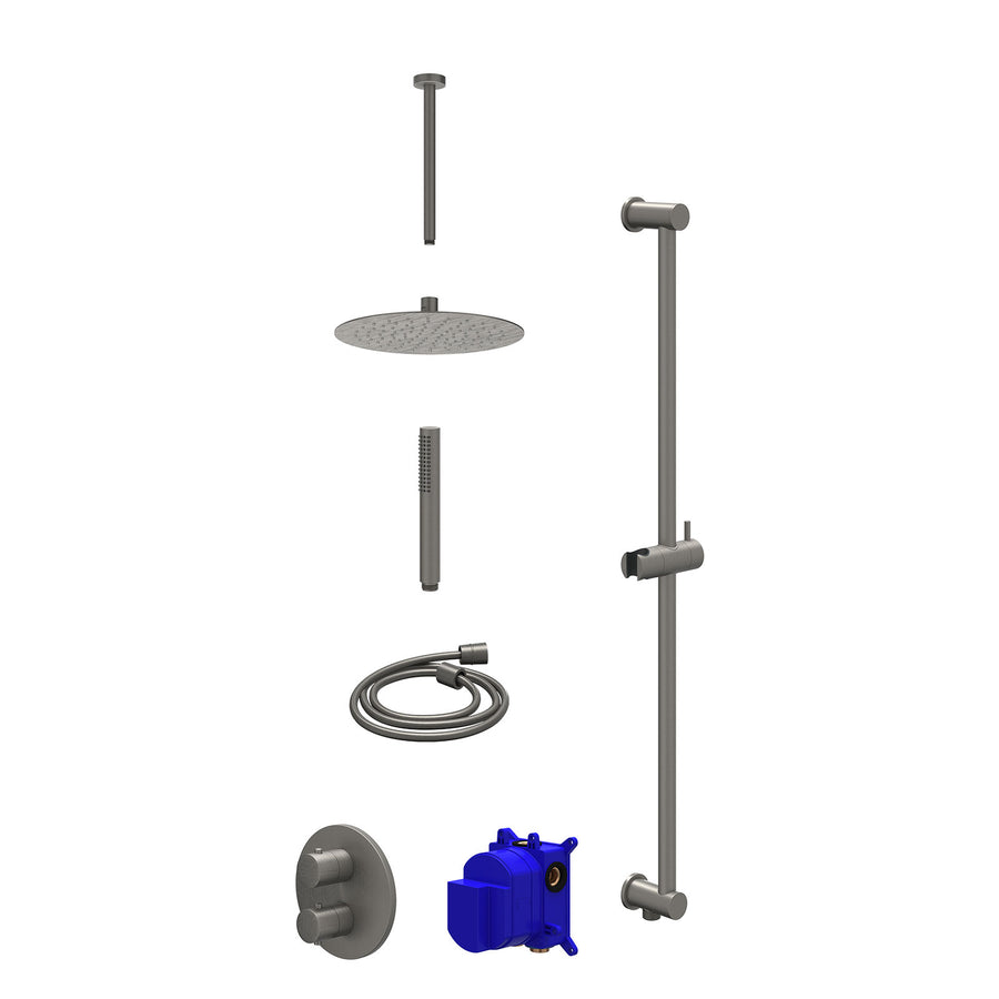 IVY Regendoucheset inbouwthermostaatkraan met 2-weg stop-omstel, plafondbuis 30cm, R25cmSL, glijstang met uitlaat, doucheslang 150cm en staafmodel – Gebr. metal black PVD