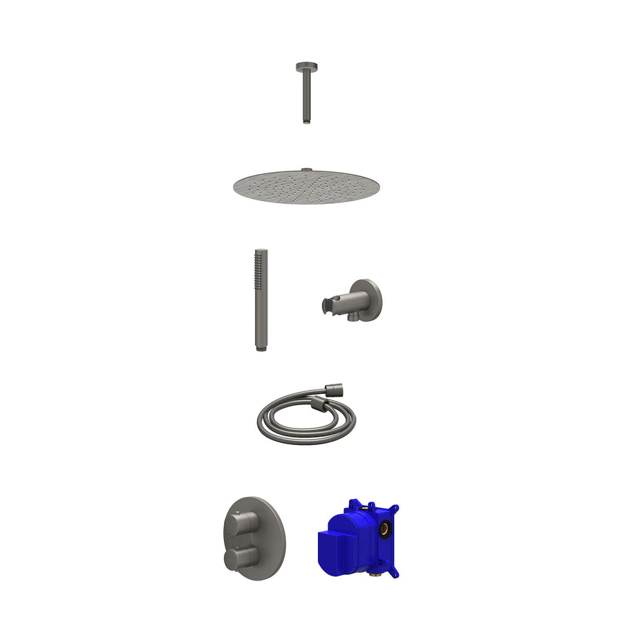 IVY Regendoucheset inbouwthermostaatkraan met 2-weg stop-omstel, plafondbuis 15cm, R30cmSL, houder met uitlaat, doucheslang 150cm en staafmodel – Gebr. metal black PVD
