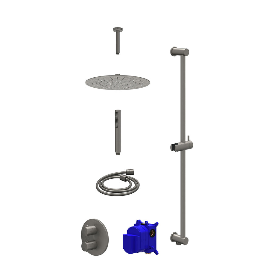 IVY Regendoucheset inbouwthermostaatkraan met 2-weg stop-omstel, plafondbuis 15cm, R30cmSL, glijstang met uitlaat, doucheslang 150cm en staafmodel – Gebr. metal black PVD