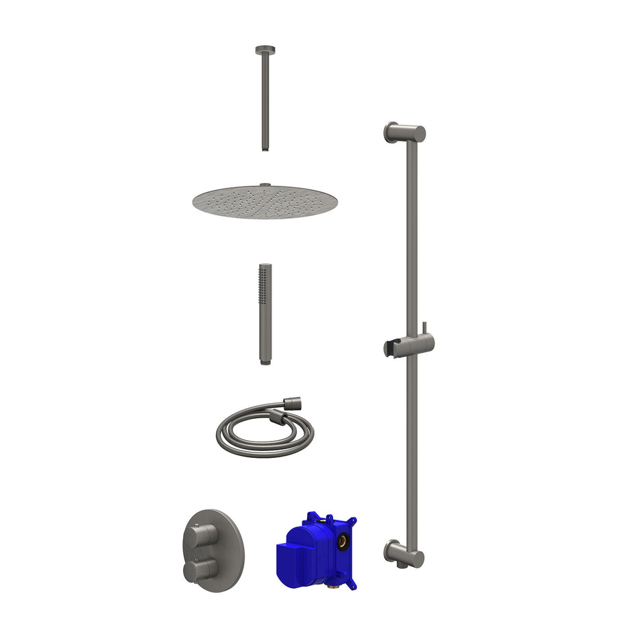IVY Regendoucheset inbouwthermostaatkraan met 2-weg stop-omstel, plafondbuis 30cm, R30cmSL, glijstang met uitlaat, doucheslang 150cm en staafmodel – Gebr. metal black PVD