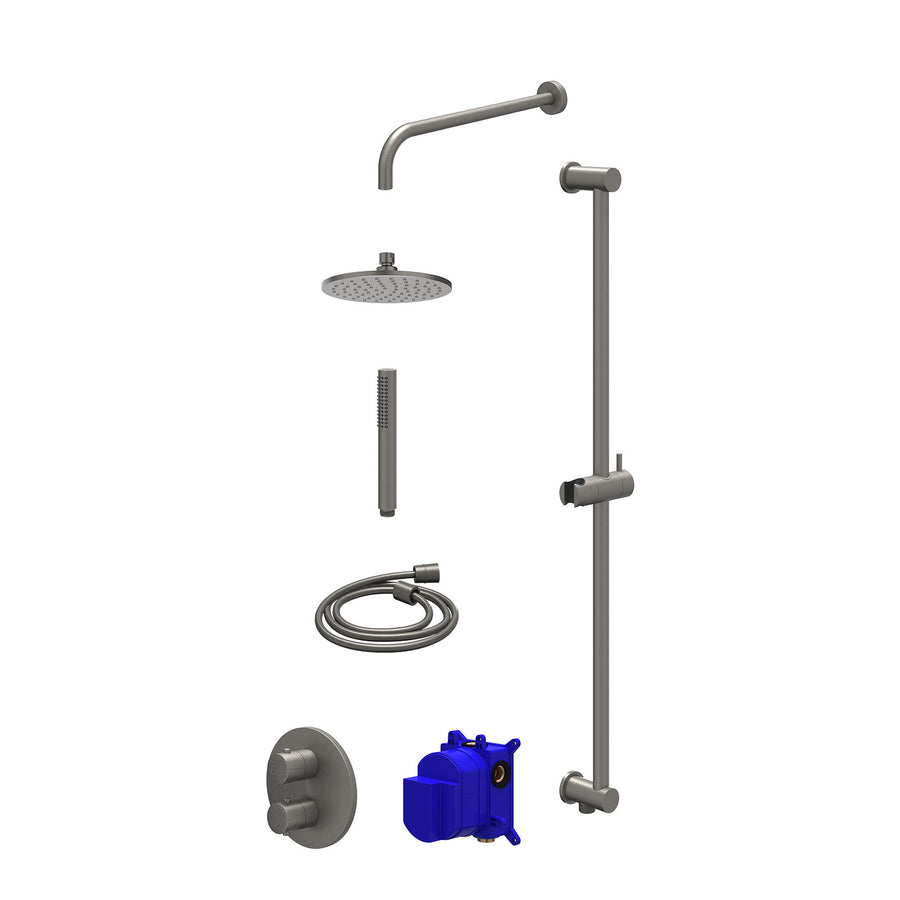 IVY Regendoucheset inbouwthermostaatkraan met 2-weg stop-omstel, wandarm, R20cmME, glijstang met uitlaat, doucheslang 150cm en staafmodel – Gebr. metal black PVD