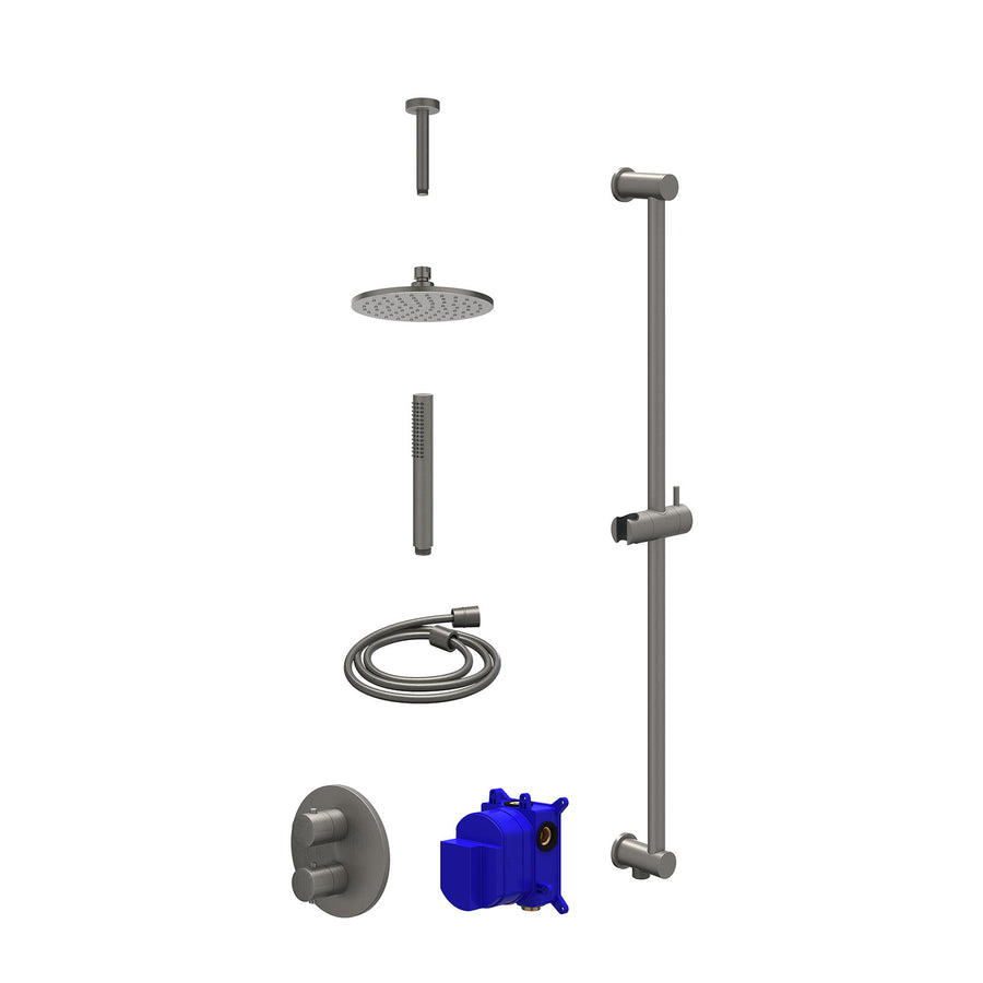 IVY Regendoucheset inbouwthermostaatkraan met 2-weg stop-omstel, plafondbuis 15cm, R20cmME, glijstang met uitlaat, doucheslang 150cm en staafmodel – Gebr. metal black PVD