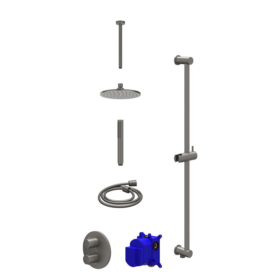 IVY Regendoucheset inbouwthermostaatkraan met 2-weg stop-omstel, plafondbuis 30cm, R20cmME, glijstang met uitlaat, doucheslang 150cm en staafmodel – Gebr. metal black PVD