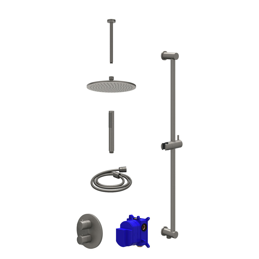 IVY Regendoucheset inbouwthermostaatkraan met 2-weg stop-omstel, plafondbuis 30cm, R25cmME, glijstang met uitlaat, doucheslang 150cm en staafmodel – Gebr. metal black PVD