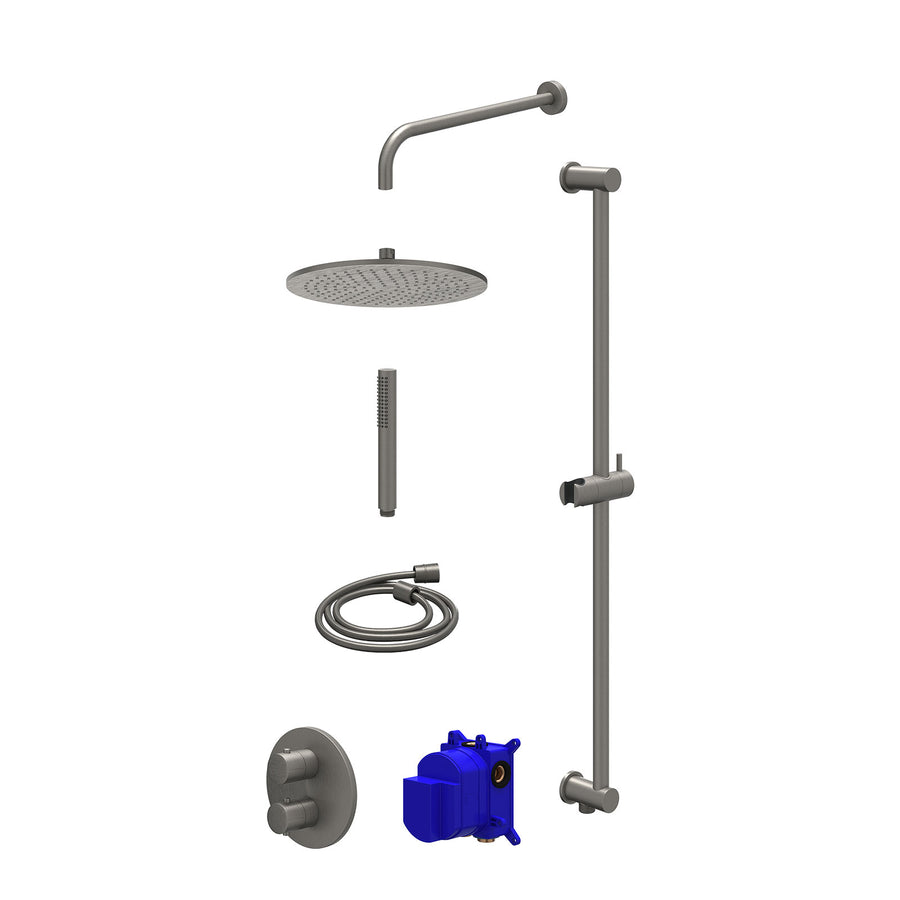 IVY Regendoucheset inbouwthermostaatkraan met 2-weg stop-omstel, wandarm, R30cmME, glijstang met uitlaat, doucheslang 150cm en staafmodel – Gebr. metal black PVD