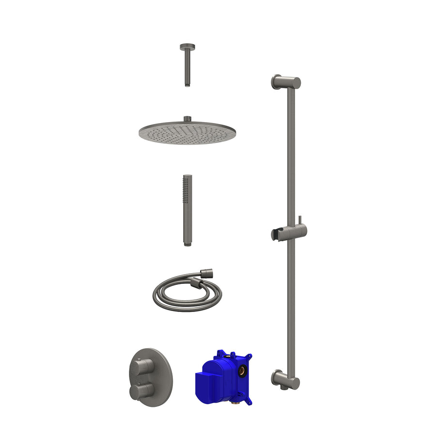 IVY Regendoucheset inbouwthermostaatkraan met 2-weg stop-omstel, plafondbuis 15cm, R30cmME, glijstang met uitlaat, doucheslang 150cm en staafmodel – Gebr. metal black PVD
