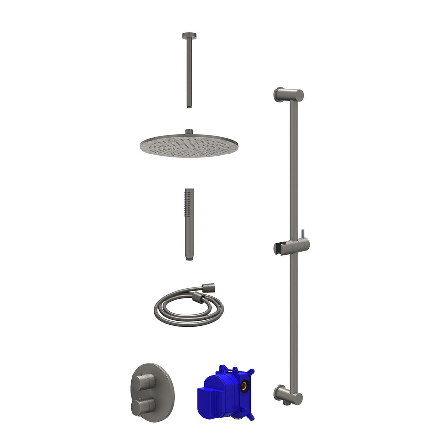 IVY Regendoucheset inbouwthermostaatkraan met 2-weg stop-omstel, plafondbuis 30cm, R30cmME, glijstang met uitlaat, doucheslang 150cm en staafmodel – Gebr. metal black PVD