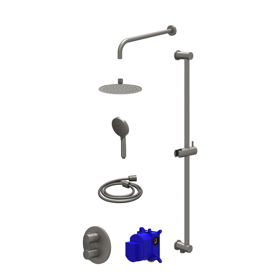 IVY Regendoucheset inbouwthermostaatkraan met 2-weg stop-omstel, wandarm, R20cmSL, glijstang met uitlaat, doucheslang 150cm en 3-standen handdouche – Gebr. metal black PVD