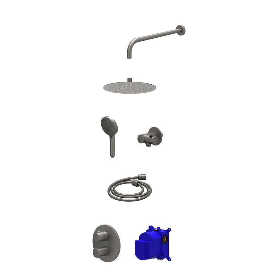 IVY Regendoucheset inbouwthermostaatkraan met 2-weg stop-omstel, wandarm, R25cmSL, verstelbare steun met geïnt. uitlaat, doucheslang 150cm en 3-standen handdouche – Gebr. metal bla